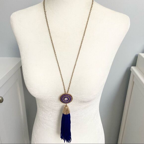 Hammered Gold medallion tassel vibrant statement necklace - Picture 1 of 7